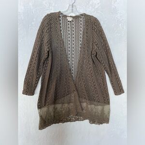 Studio Gem Q‎ Open Front Crochet Sweater Embroidered Lace Trim Khaki Brown Large